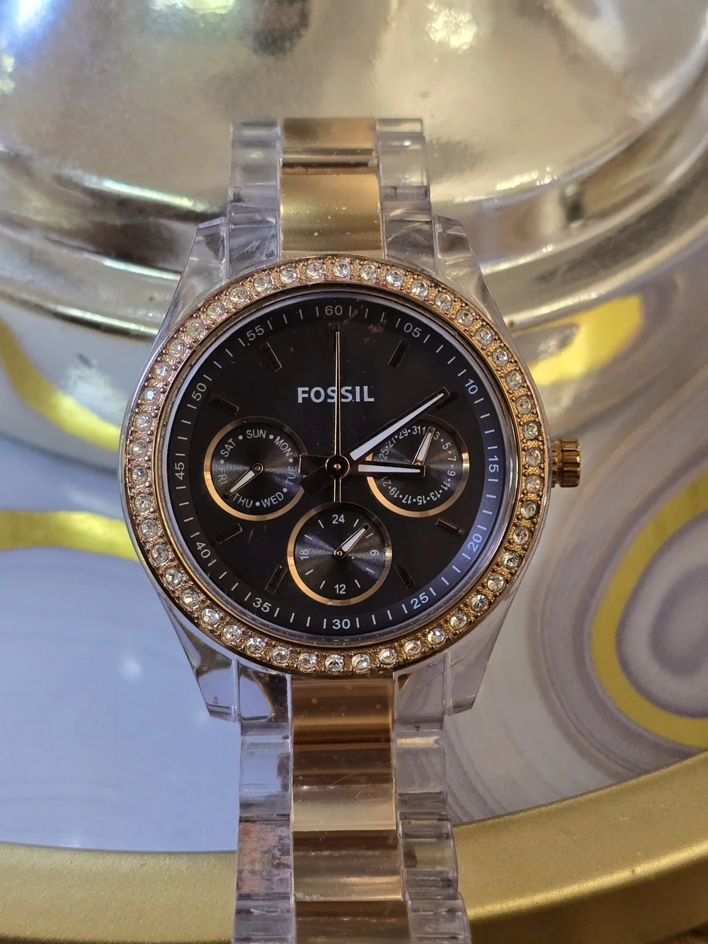 Fossil Crystal-Trim Acrylic Band Watch - Black & Rose Gold Plastic Watch